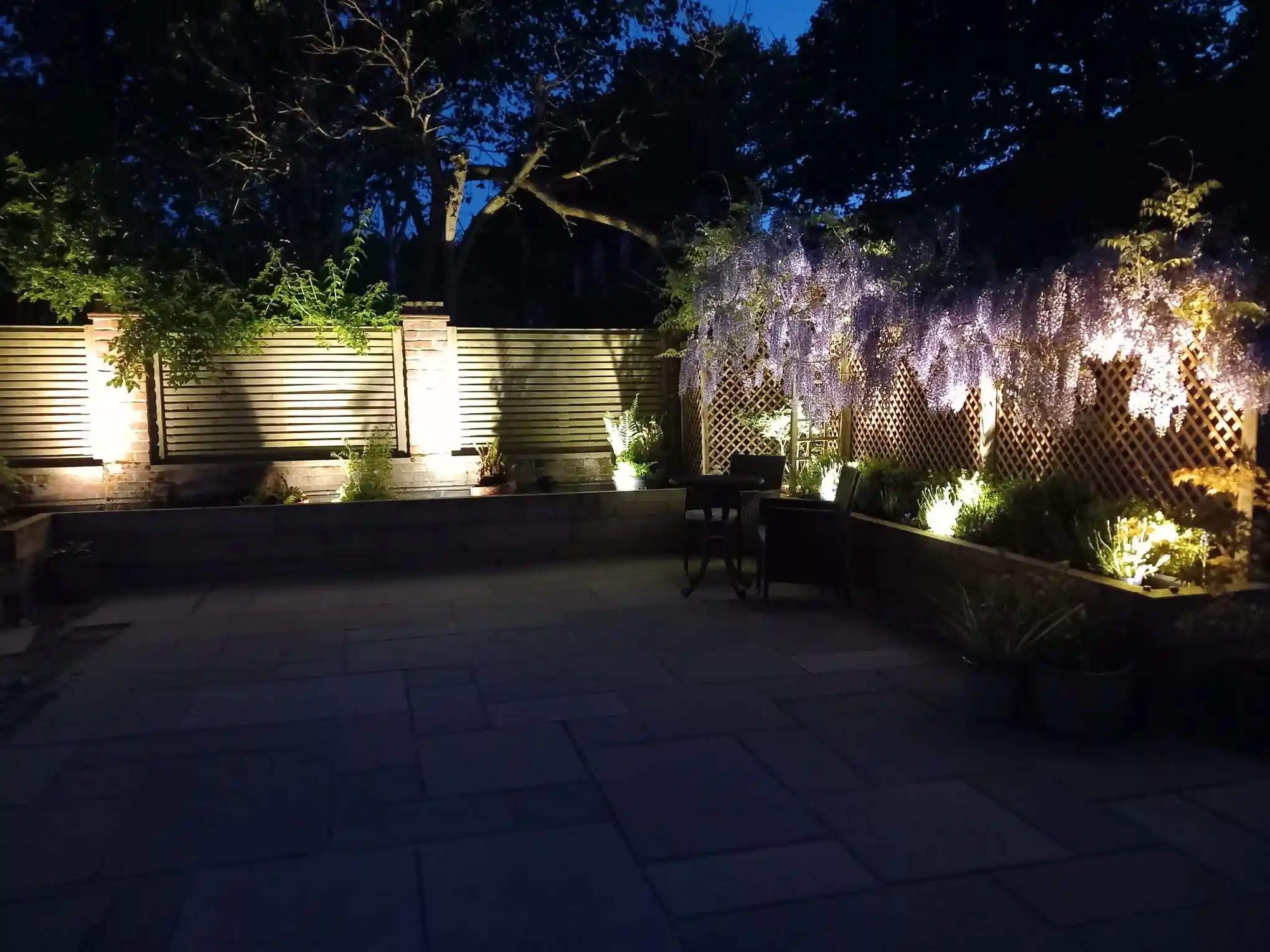 Garden with modern lighting and outdoor sockets
