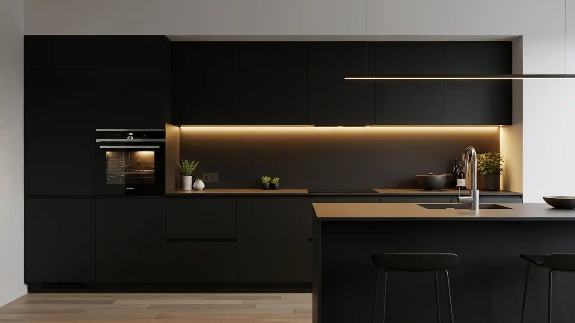 Kitchen with layered lighting and modern electrics